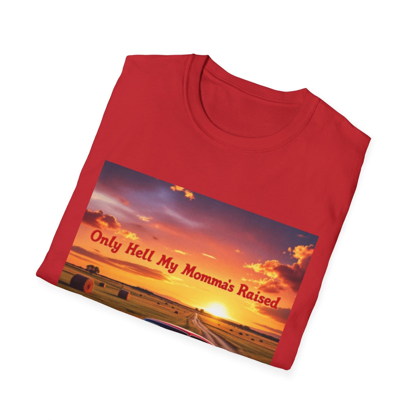Vintage Car Graphic Tee, Only Hell My Momma Raised T-Shirt, Unisex Softstyle Shirt, Gift for Car Lovers, Casual Wear, Birthday Gift