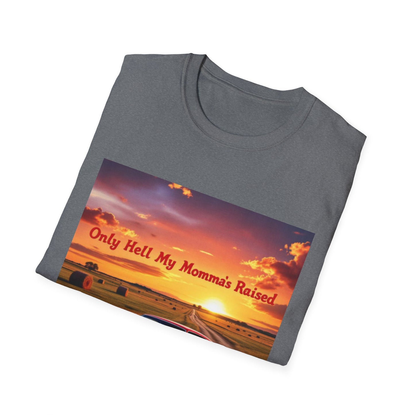 Vintage Car Graphic Tee, Only Hell My Momma Raised T-Shirt, Unisex Softstyle Shirt, Gift for Car Lovers, Casual Wear, Birthday Gift
