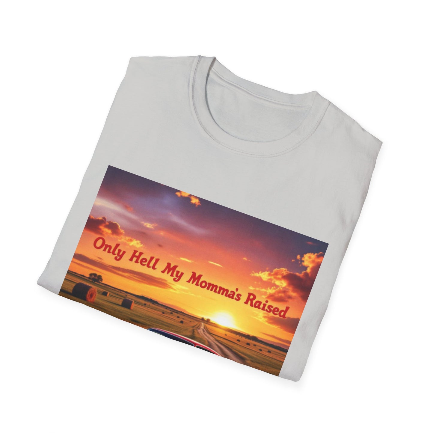 Vintage Car Graphic Tee, Only Hell My Momma Raised T-Shirt, Unisex Softstyle Shirt, Gift for Car Lovers, Casual Wear, Birthday Gift