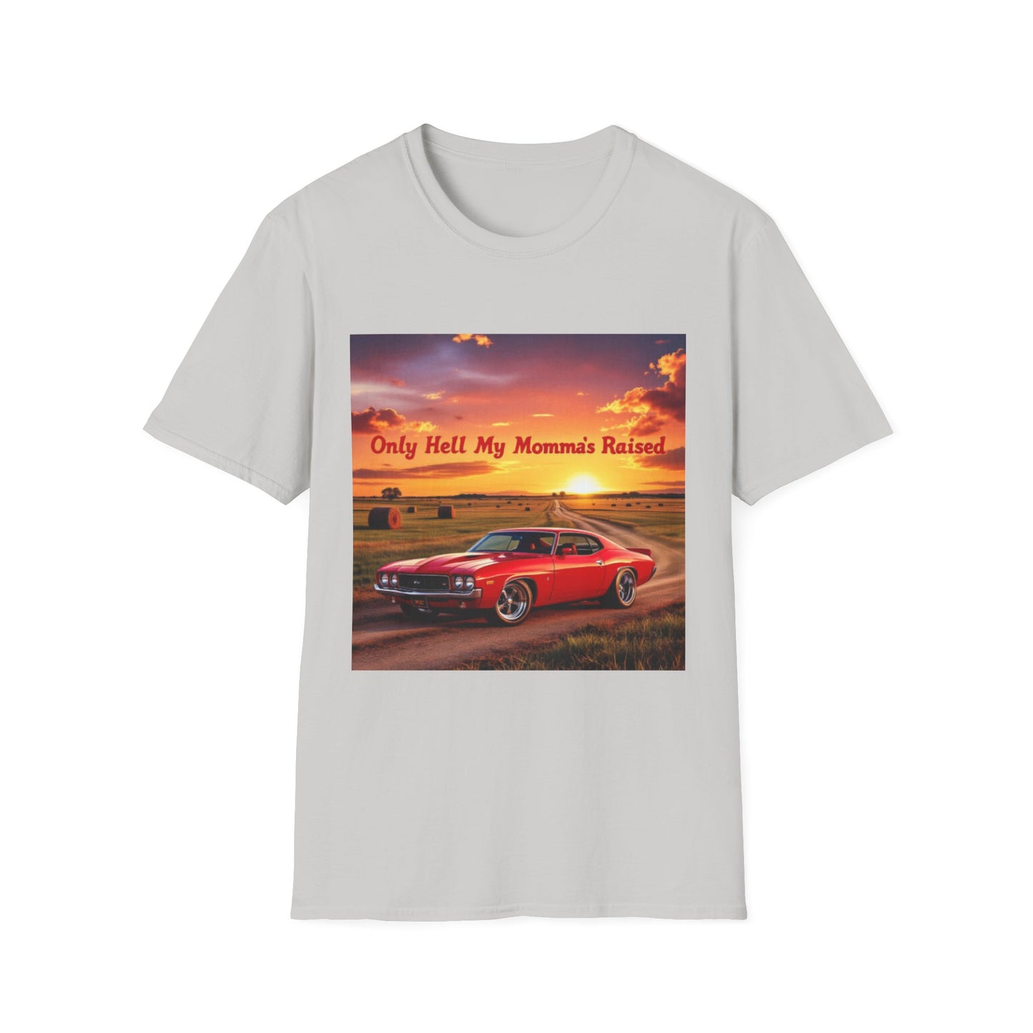 Vintage Car Graphic Tee, Only Hell My Momma Raised T-Shirt, Unisex Softstyle Shirt, Gift for Car Lovers, Casual Wear, Birthday Gift