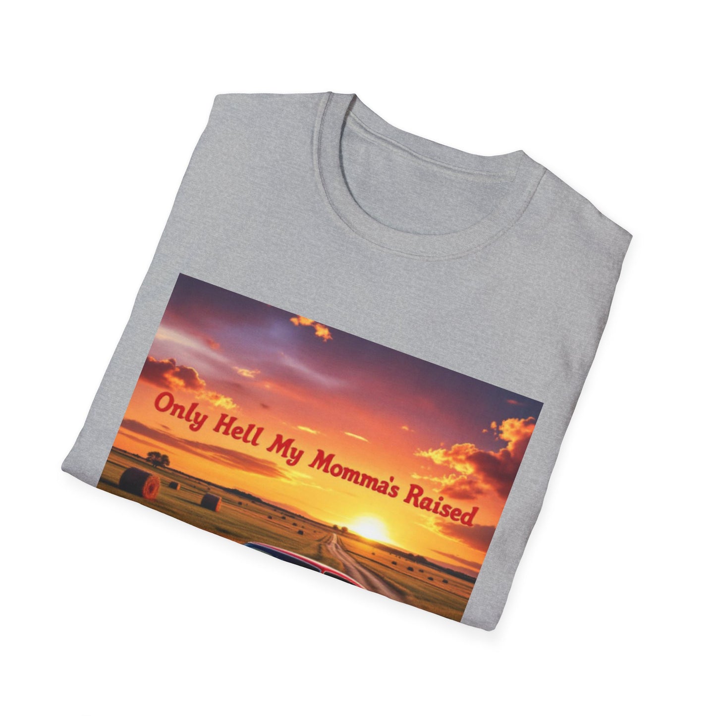 Vintage Car Graphic Tee, Only Hell My Momma Raised T-Shirt, Unisex Softstyle Shirt, Gift for Car Lovers, Casual Wear, Birthday Gift