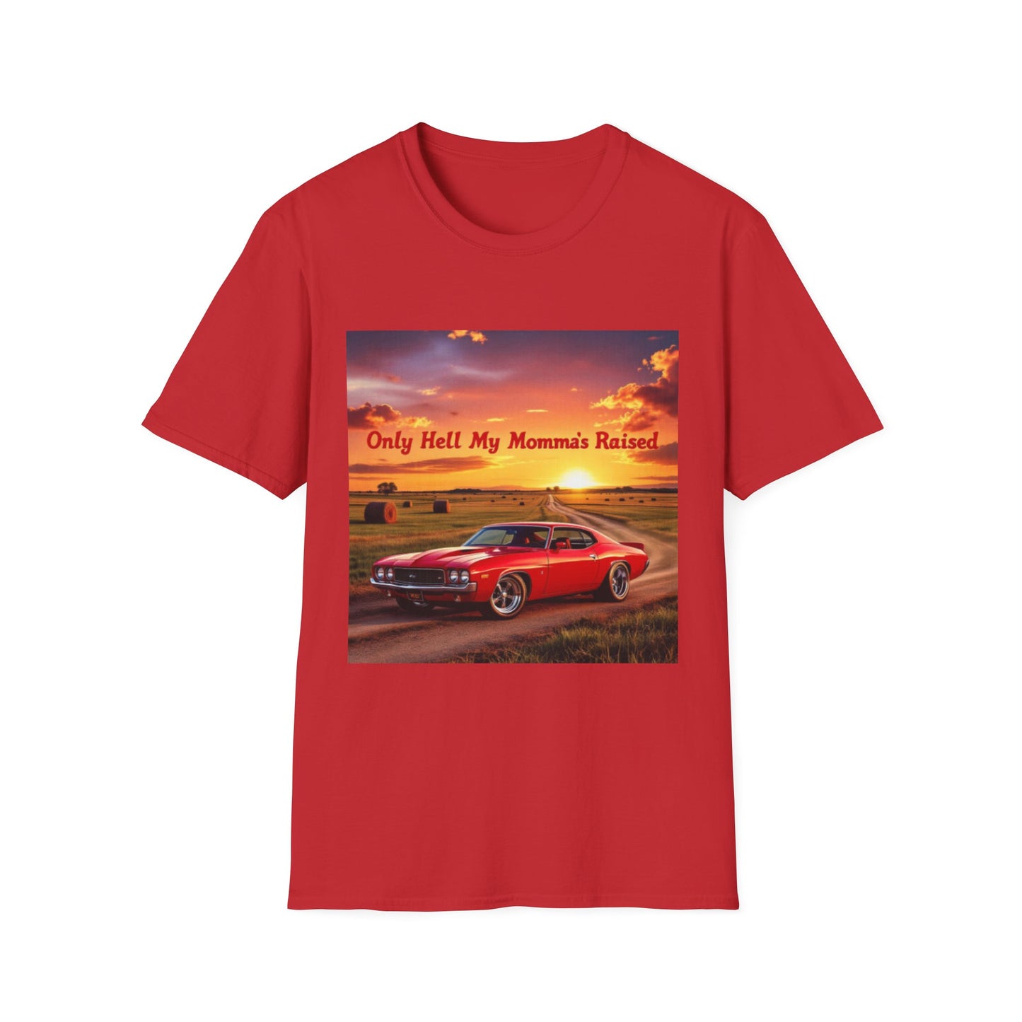Vintage Car Graphic Tee, Only Hell My Momma Raised T-Shirt, Unisex Softstyle Shirt, Gift for Car Lovers, Casual Wear, Birthday Gift