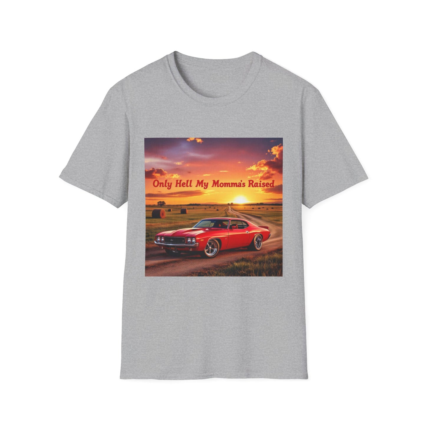 Vintage Car Graphic Tee, Only Hell My Momma Raised T-Shirt, Unisex Softstyle Shirt, Gift for Car Lovers, Casual Wear, Birthday Gift