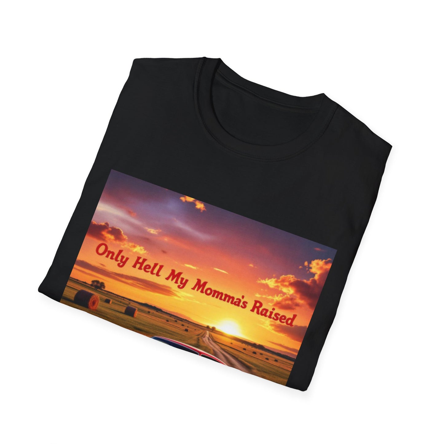 Vintage Car Graphic Tee, Only Hell My Momma Raised T-Shirt, Unisex Softstyle Shirt, Gift for Car Lovers, Casual Wear, Birthday Gift