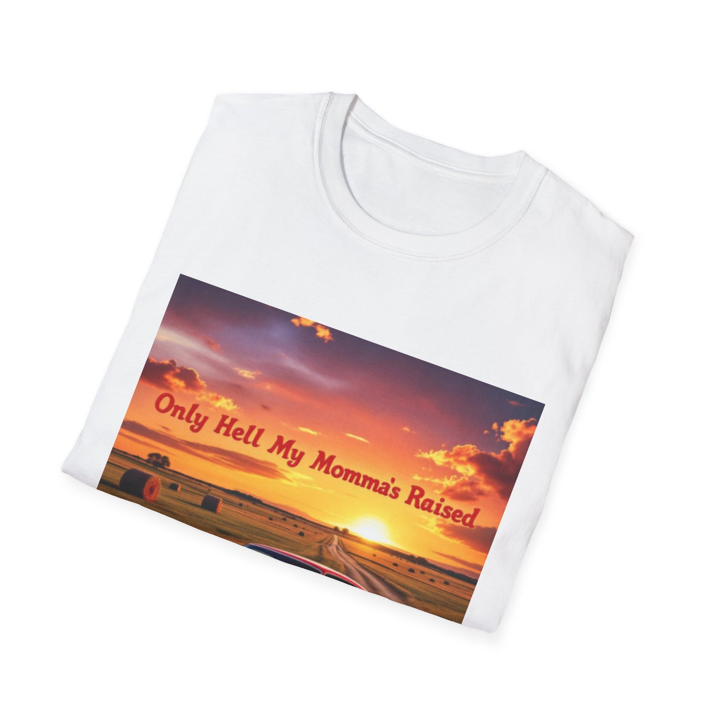 Vintage Car Graphic Tee, Only Hell My Momma Raised T-Shirt, Unisex Softstyle Shirt, Gift for Car Lovers, Casual Wear, Birthday Gift