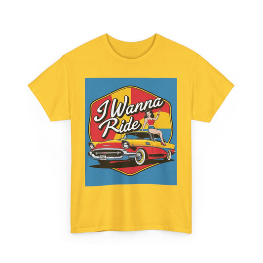 Retro Car Lover Tee, Unisex Heavy Cotton Tee for Car Enthusiasts, I Wanna Ride Graphic Shirt, Casual Gift for Birthdays and Holidays