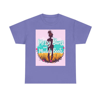 Messy Buns and Muddy Boots Tee, Casual T-Shirt for Nature Lovers, Outdoor Adventure Shirt, Gift for Moms and Friends, Summer Style Tee