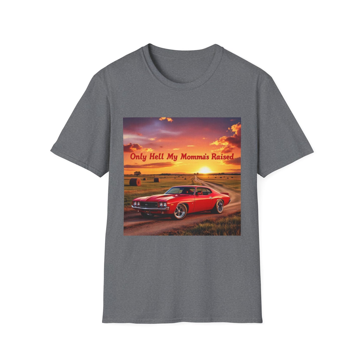Vintage Car Graphic Tee, Only Hell My Momma Raised T-Shirt, Unisex Softstyle Shirt, Gift for Car Lovers, Casual Wear, Birthday Gift