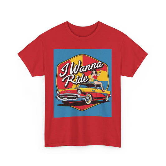 Retro Car Lover Tee, Unisex Heavy Cotton Tee for Car Enthusiasts, I Wanna Ride Graphic Shirt, Casual Gift for Birthdays and Holidays